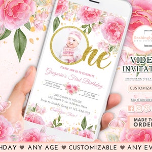 Floral 1st Birthday Video Invitation: Blush Pink Flowers, Boho Girl (FREE Photo)