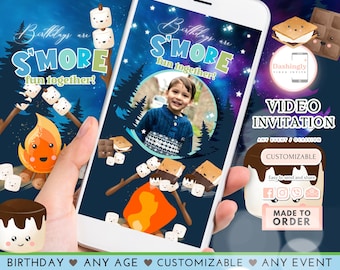 May include: A digital video invitation for a birthday party with a s'mores theme. The invitation features a cartoon campfire with a smiling marshmallow and the text "Birthdays are S'MORE fun together!"