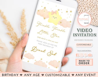 Twinkle Twinkle Little Star Birthday Video Invitation Gold Stars & Boho Clouds Video Invite for Baby Girl (Any Event)