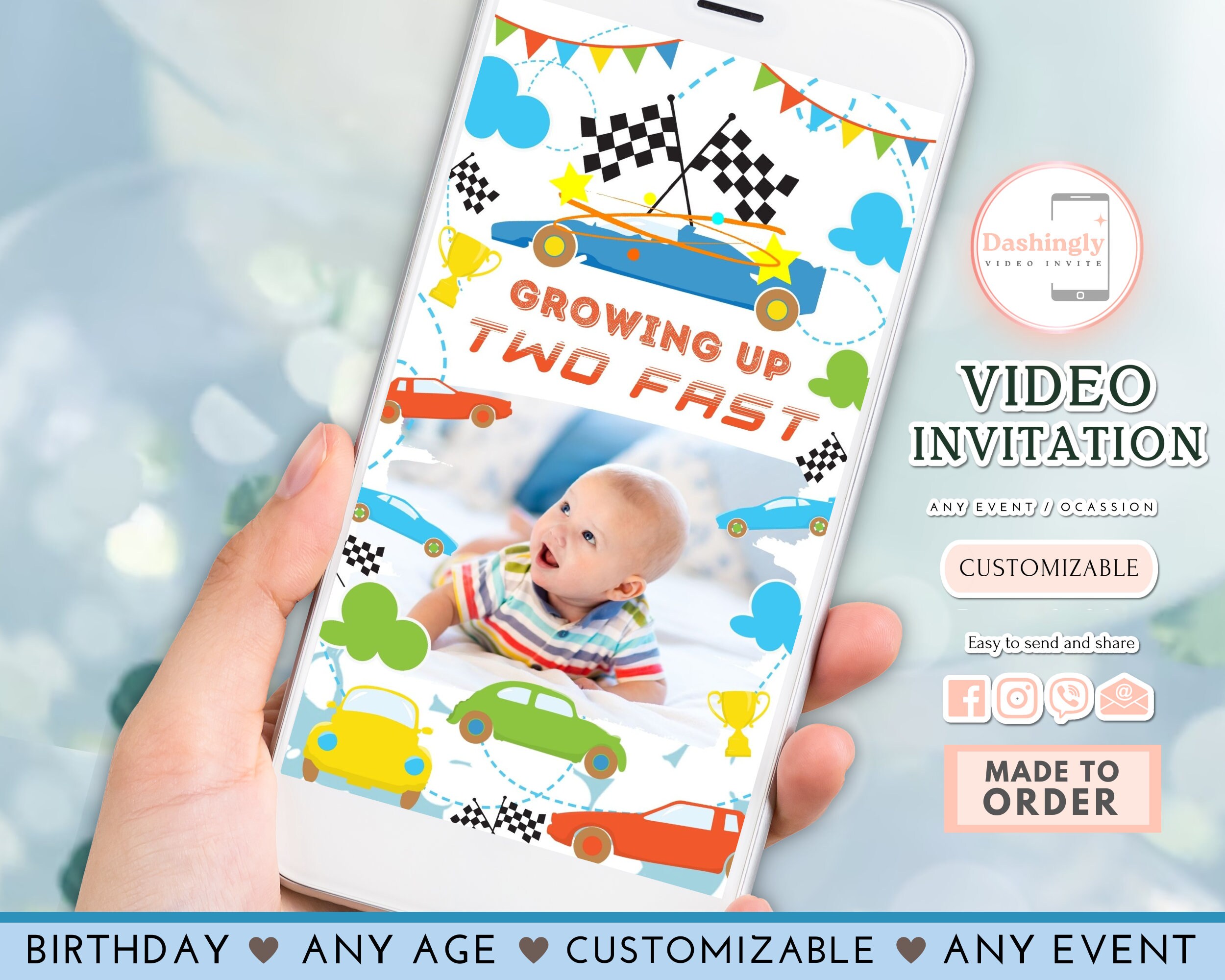 TWO Fast Birthday Video Invitation Race Car 2nd Birthday Invite Racing Car Vintage Racecar Video Invite(FREE Add Photo)