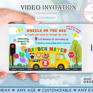 Räder auf dem Bus Geburtstags-Video-Einladung Gelb Schulbus Party einladen Tiere Junge Mädchen Regenbogen Kind Video laden Jedes Alter Jedes Ereignis ein