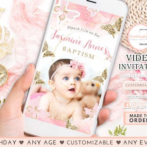 Butterfly Baptism Video Invitation Pink and Gold Butterfly Garden Christening Video Invite Any Event (FREE Add Photos)