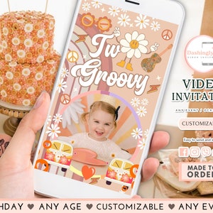 Two Groovy 2nd Birthday Video Invitation: Pink Daisy Rainbow Van (Add Photo)