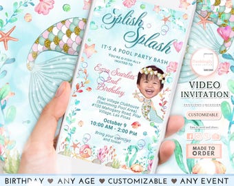 Mermaid Birthday Video Invitation Little Mermaid Pool Party Under the Sea Girls Teal Blue Invite (FREE Add Pictures)