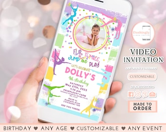 May include: A colorful video invitation for a 4th birthday party with a gymnastics theme. The invitation features a photo of a young girl in a gymnastics pose, surrounded by colorful confetti and a pink and yellow circle. The text on the invitation reads "Flip, Tumble, Jump and Play, Let's Celebrate Dolly's 4th Birthday, Saturday May 27th, 2023, 1:15 pm, Pruepleost Farm, 1234DLD Country Rd Melville, NY, 11747, RSVP to Anabelle Anne (123)45567 789, See You There!"