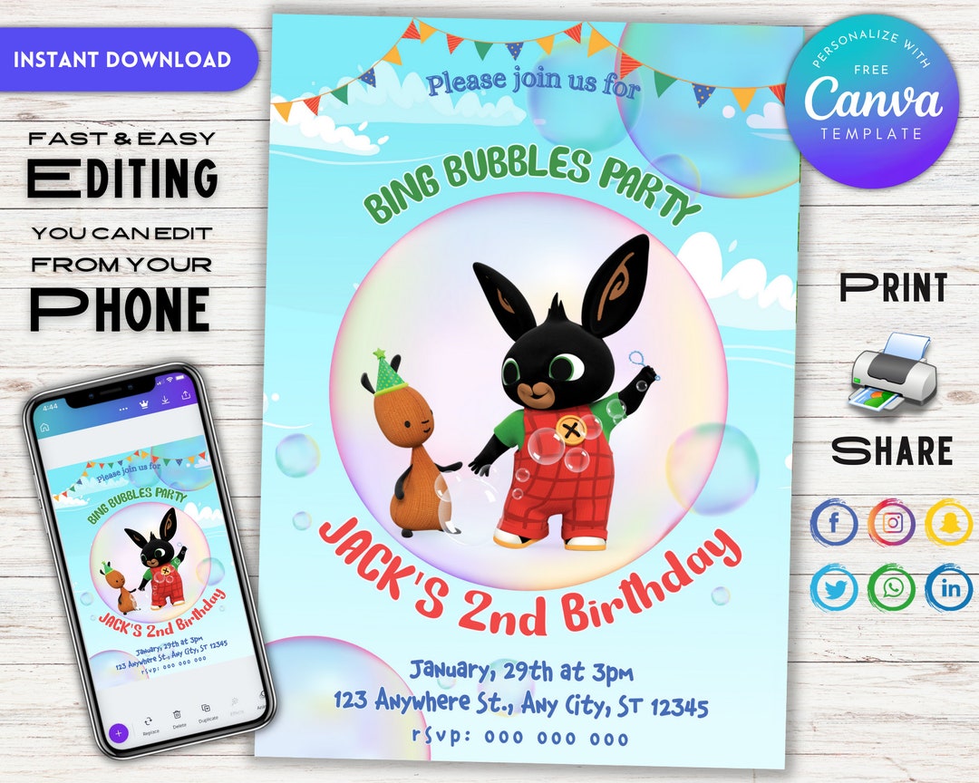 Editable Bing Birthday Invitation Template Printable &amp; - Etsy