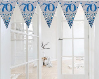 Age 70 blue and white themed bunting flags party decoration. 70th birthday door wall party decorations. 70th birthday blue & white themed