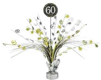 Happy 60th birthday black and gold sparkles party table centrepiece. 60th birthday black gold themed birthday party table decorations