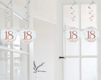 Age 18 / 18th birthday white rose gold themed hanging foil swirls x 6. 18th birthday white rose gold themed birthday party decorations