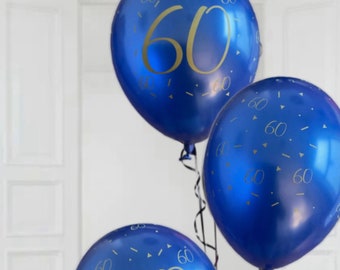 60th birthday navy blue and gold latex party balloons x 6. Age 60 party balloons. 60th navy blue gold themed balloons party decorations