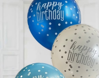 Glitz blue and white themed happy birthday latex party balloons x 6. Blue and white happy birthday balloon. Blue and white themed birthday