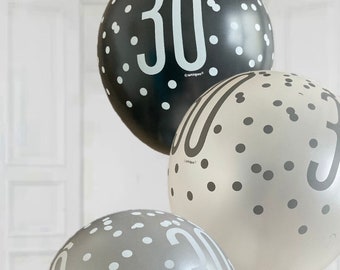 Black white & silver 30th birthday party latex balloons x 6. Age 30 birthday party balloons. Glitz black themed party balloons decorations
