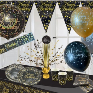 Oaktree 50th Birthday Party Tableware Set – Black & Gold Plates, Cups, Napkins (8 Pieces)