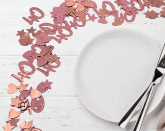 Rose gold age 40 confetti. Rose gold pink themed 40th birthday party table decorations. 40th birthday party decorations & table supplies