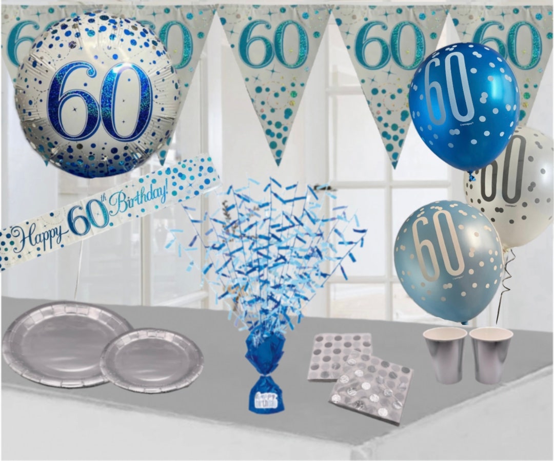 60th Birthday Party Blue and Silver Themed Decorations and Table ...