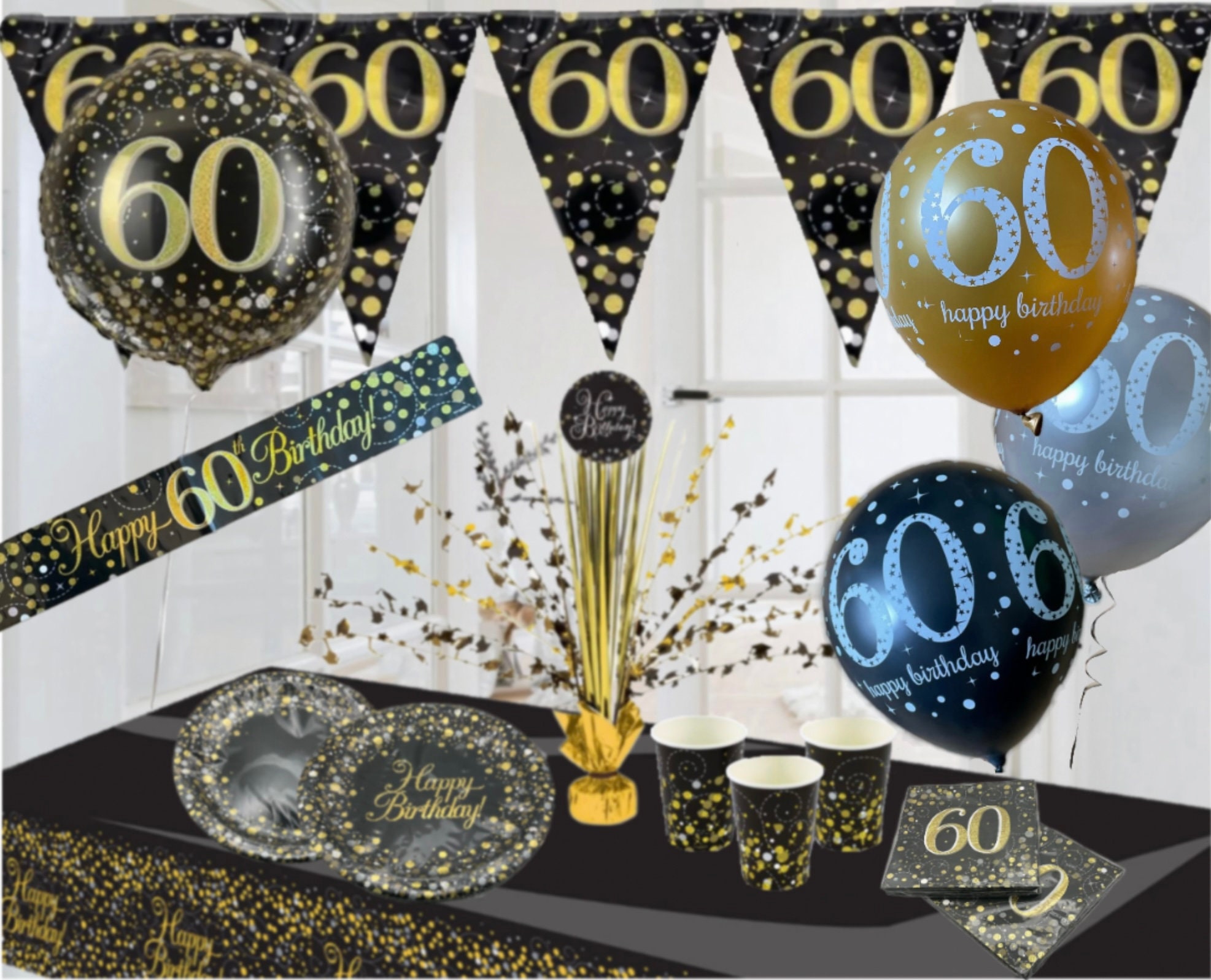 60Th Birthday Decorations Men Women - Black Gold Happy 60 Birthday Backdrop Bann