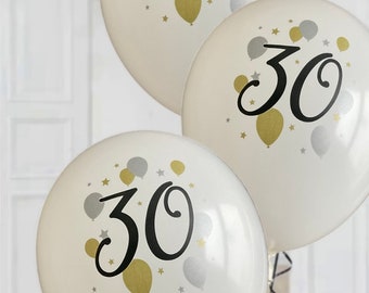 White gold & black age 30 birthday party latex balloons x 6. 30th birthday white gold black balloons party decorations. 30th birthday themed