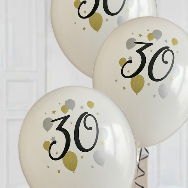 White gold & black age 30 birthday party latex balloons x 6. 30th birthday white gold black balloons party decorations. 30th birthday themed