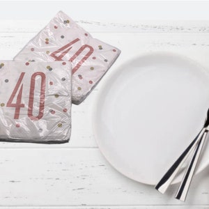 40th Birthday Party Napkins: White & Rose Gold Polka Dot Decorations