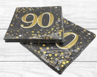 Age 90 black and gold birthday party paper table napkins x 16. 90th birthday black and gold themed party table decorations supplies napkins