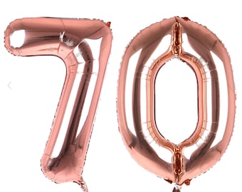 Rose gold age 70 air filled balloon decoration Age 70 35cm/14”air filled number 70 birthday party balloons. 70th birthday party decorations
