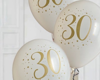 White and gold age 30 birthday party latex balloons x 8. 30th birthday white gold party balloons. 30th birthday white gold party decorations