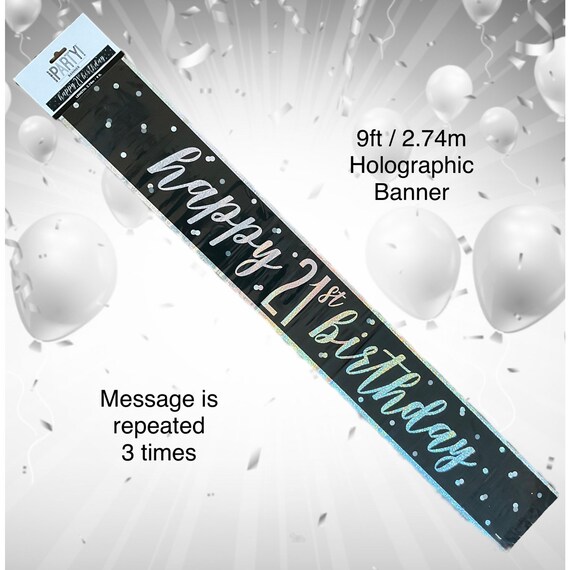 Black & Silver 21st Birthday Banner: Holographic Foil Party