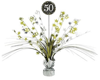 Happy 50th birthday black and gold sparkles party table centrepiece. 50th birthday black gold themed birthday party table decorations