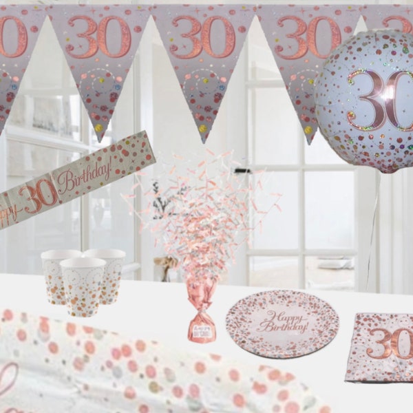 30th birthday white rose gold themed birthday party decorations and party table decorations. 30th birthday balloons bunting cups