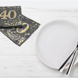 40th Birthday Party Napkins: Black & Gold Decorations (Set of 16)