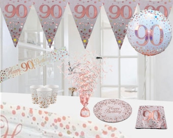 Age 90 & happy birthday white rose gold party decorations. 90th birthday white rose gold themed party decorations party table decorations