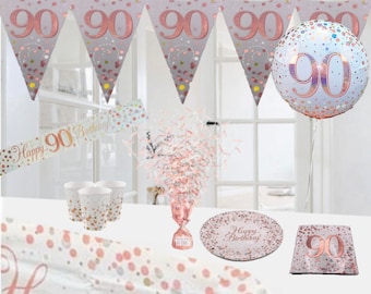 Age 90 & happy birthday white rose gold party decorations. 90th birthday white rose gold themed party decorations party table decorations