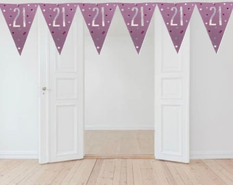 Glitz pink and silver themed age 21 bunting flags banner 9ft party decorations. 21st  birthday party bunting flags. 21st party decorations