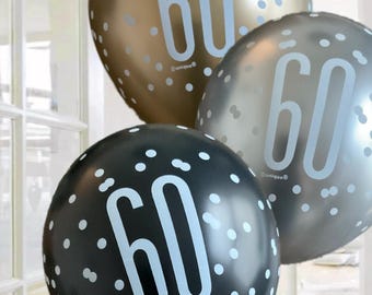 Black gold and silver themed 60th birthday party latex balloons x 6. happy 60th birthday balloons. Black gold silver themed 60th decorations