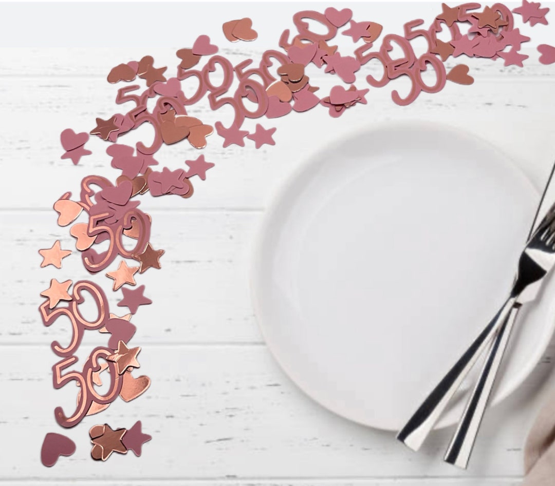 Rose Gold Age 50 Confetti. Rose Gold Themed 50th Birthday Party