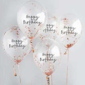 Rose gold confetti themed happy birthday latex party balloons x 5. Rose gold confetti themed balloons. Rose gold themed party decorations