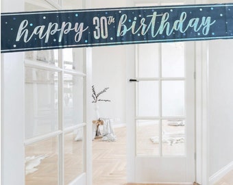 Navy blue silver happy 30th birthday 9ft foil banner door wall party banner. Navy blue and silver themed party decorations banners