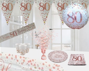 Age 80 & happy birthday white rose gold themed party decorations and party table decorations. 80th birthday white rose gold party decoration