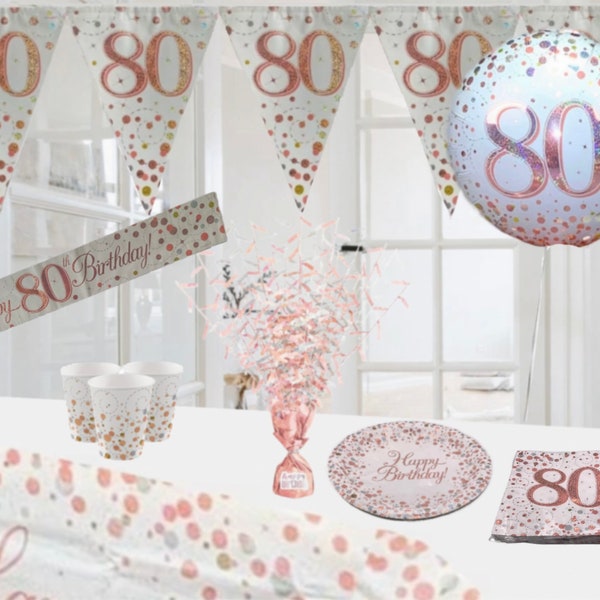 Age 80 & happy birthday white rose gold themed party decorations and party table decorations. 80th birthday white rose gold party decoration