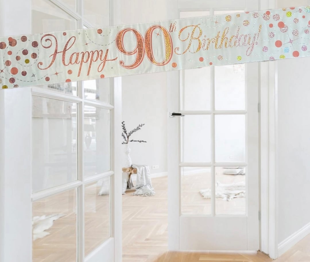 Rose Gold 90th Birthday Door Banner - Elegant Cheers To 90 Years Party Decor