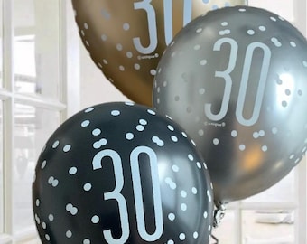 Black gold and silver themed 30th birthday party latex balloons x 6. happy 30th birthday balloons. Black gold silver themed 30th decorations