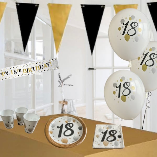 18th birthday black gold silver white themed balloons bunting banners tableware party decorations. Happy 18th birthday decorations