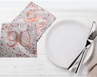 Age 90 white rose gold themed birthday party table paper napkins x 16. 90th birthday party table decorations. 90th themed party napkins