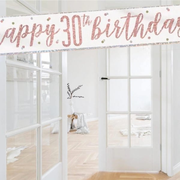 White & glitz rose gold happy 30th birthday 9ft foil door wall party banner. 30th white rose gold themed birthday party hanging decorations