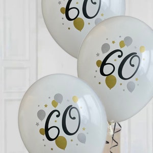 White black gold age 60 birthday party latex balloons x8. 60th birthday white gold balloons party decorations. White gold themed 60th party