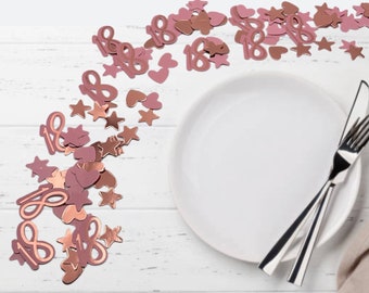 Rose gold age 18 birthday party confetti. Rose gold pink themed 18th birthday party table decorations. 18th rose gold themed party supplies