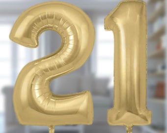 Jumbo sized 34inch age 21 silk gold birthday party balloons. 21st birthday balloons. Gold themed 21st birthday balloons decorations