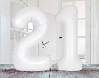 Jumbo sized 34inch age 21 white birthday party balloons. 21st birthday balloons. White themed 21st birthday balloons decorations