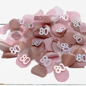 May include: Pink and rose gold confetti with the number 80 printed on each piece. The confetti is ideal for a birthday party or celebration.