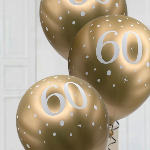 Gold and white 60th birthday latex party balloons x 6. Gold white age 60 themed party balloons decorations